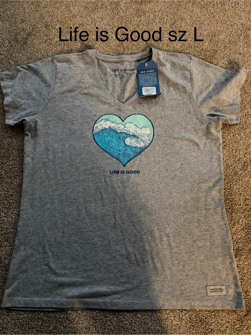 Life Is Good Gray Tee with Blue and Mint Ocean Heart Graphic